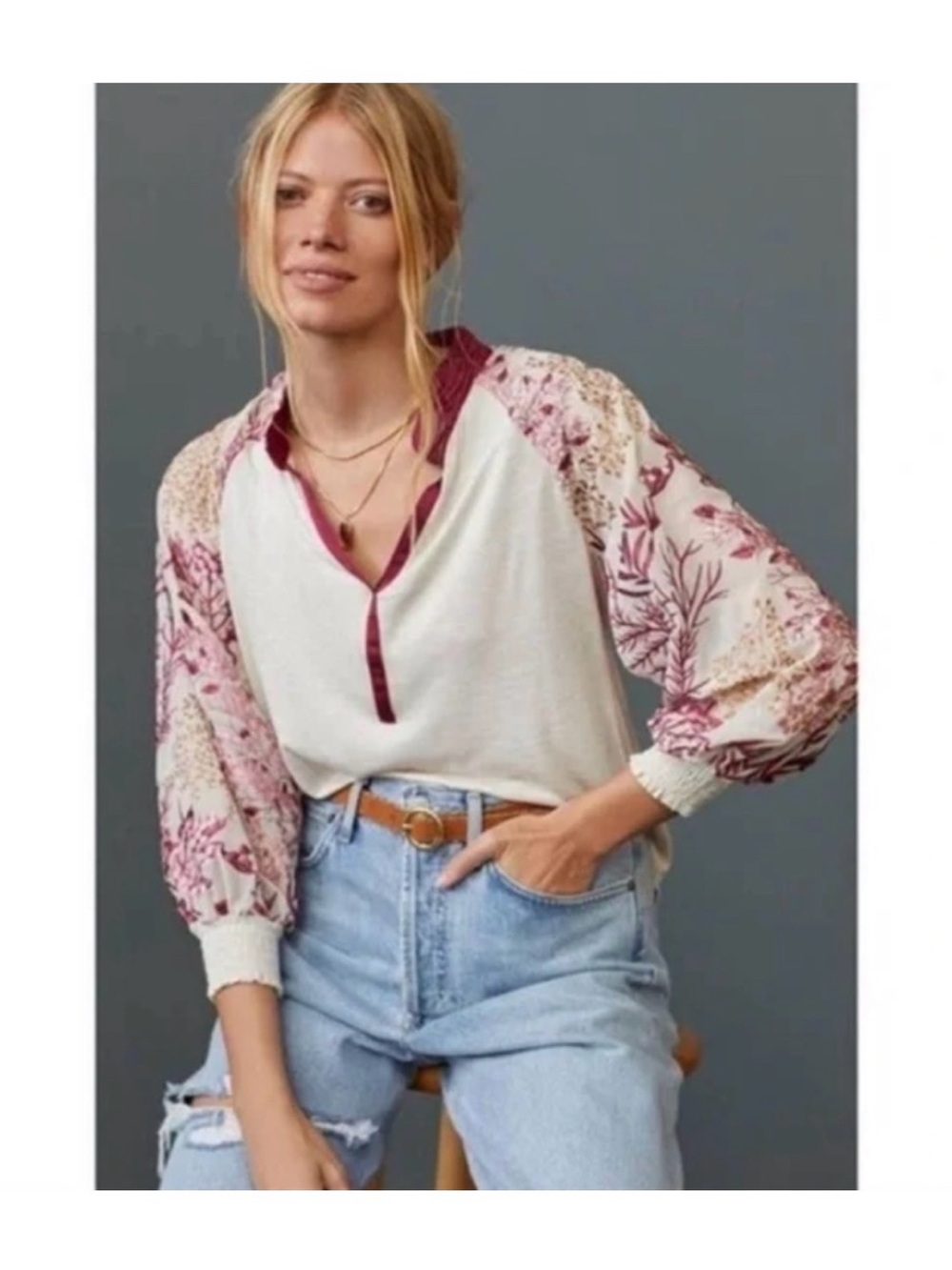 Anthropologie TINY Blouse Top Cream/Burgundy Coral Embroidered Balloon Sleeves S